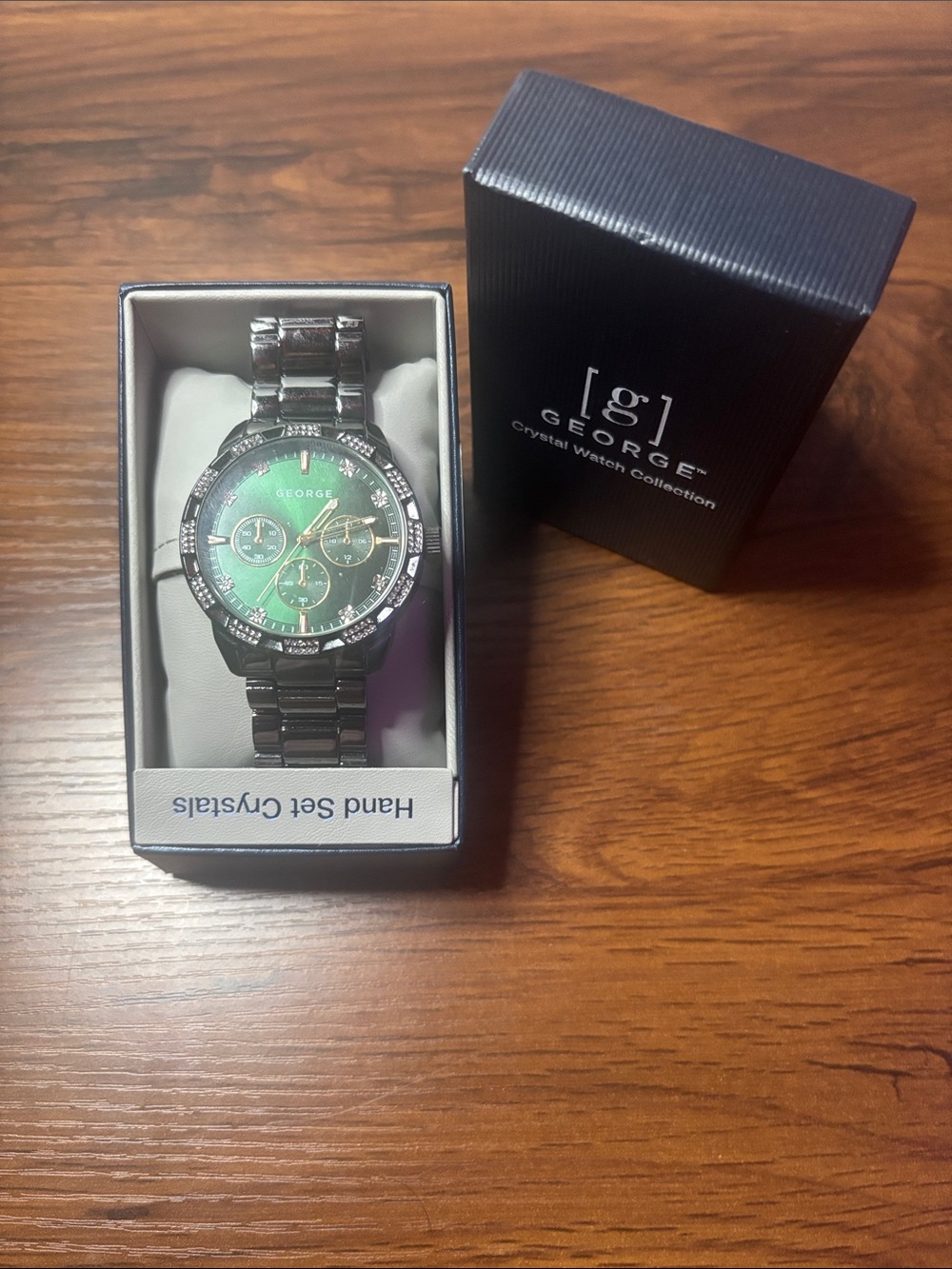 George Silver Stainless Steel Watch with Green Dial and Crystal Accents
